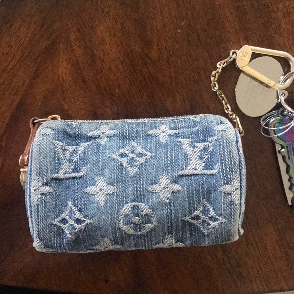 Denim monogram wristlet/key pouch